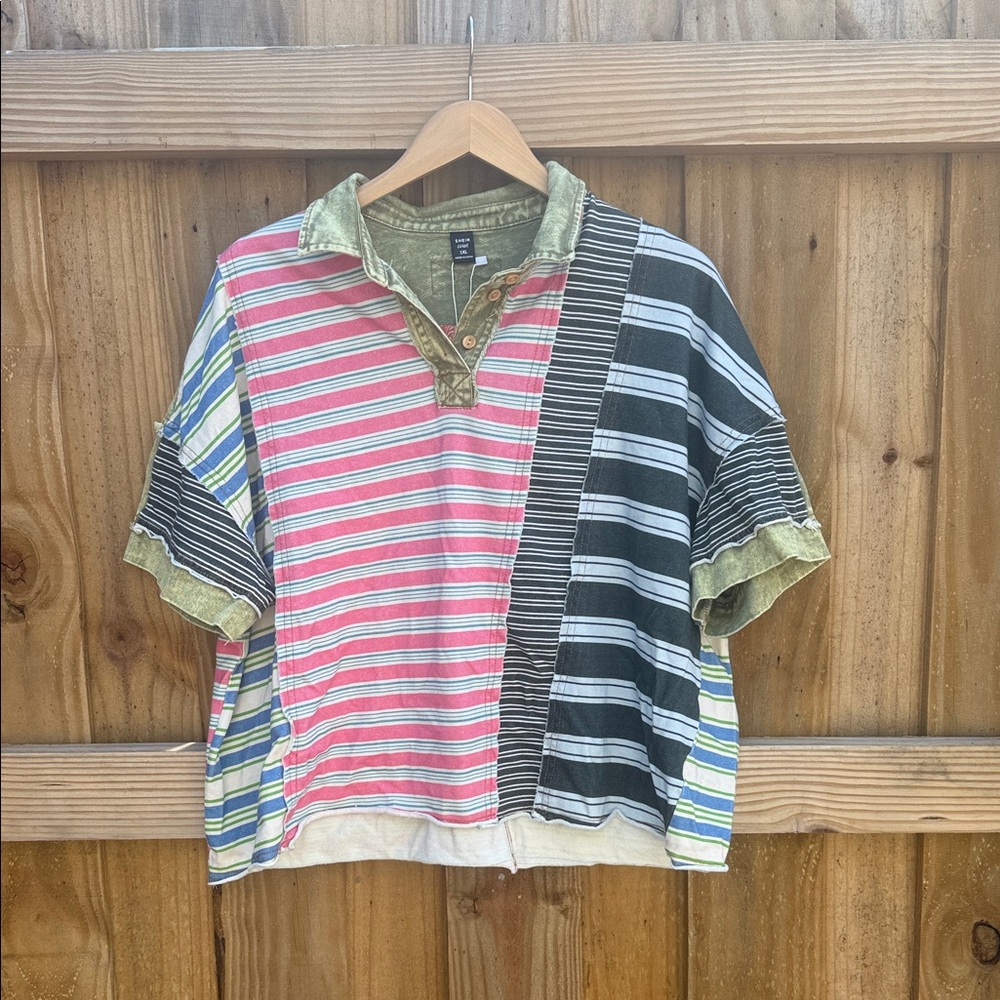 SHEIN Pink and Gray Striped Polo Shirt